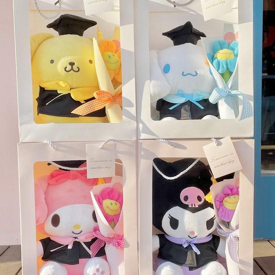 Sanrio Graduation Cap Pom Pom Purin Doll + Mini Flower Bouquet + Shopping Bag Set, a popular character in Korea