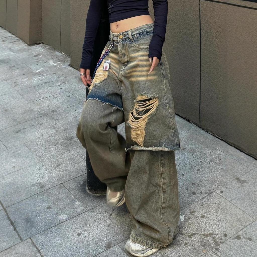 American retro large size washed and old two-piece jeans women's street design loose straight drop trousers tide