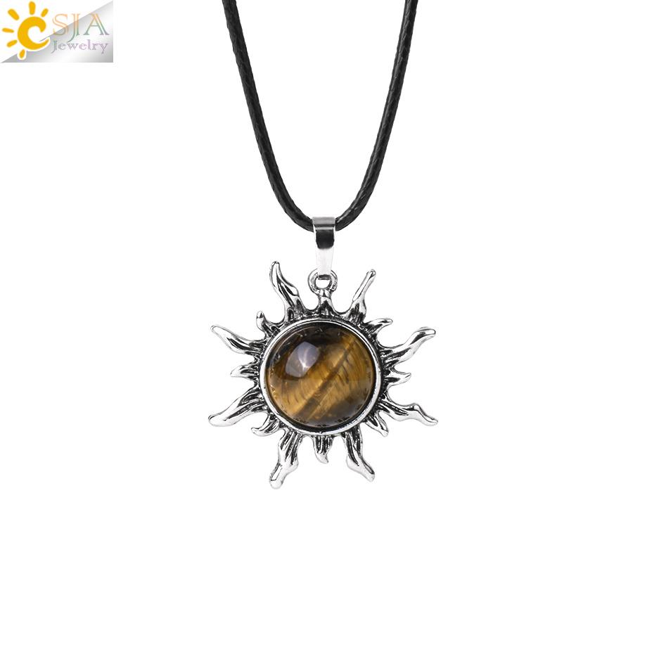 CSJA Vintage Sun Flower Pendant Natural Stone Crystal Necklace Genuine Round Amethysts Pink Quartz Obsidian Lapis Lazuli H120