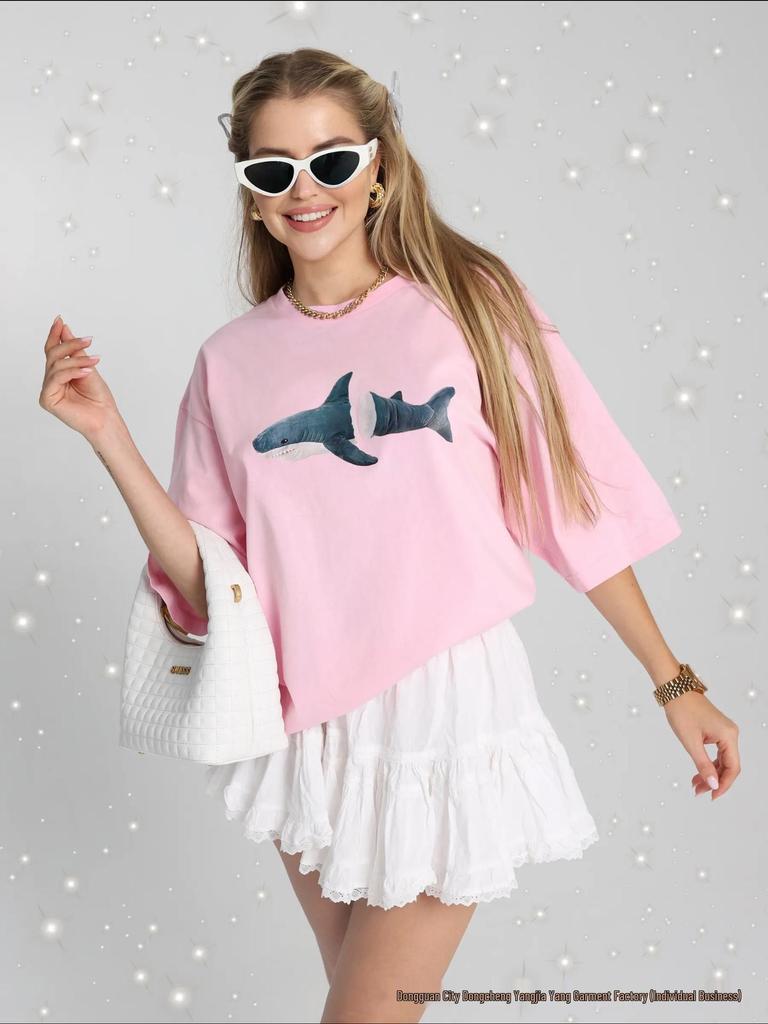 2026 Summer Women's European & American Style Versatile Shark T-Shirt - 100% Cotton Short Sleeve