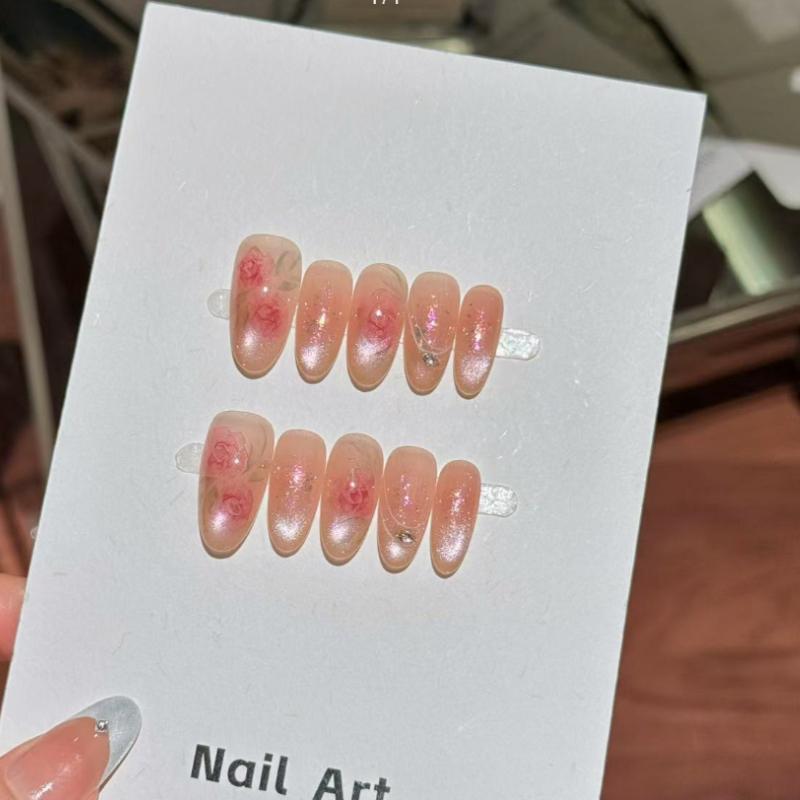 

10Pcs Rose Cat Eye Press On Nails - Nude Pink Floral Fake Nails L