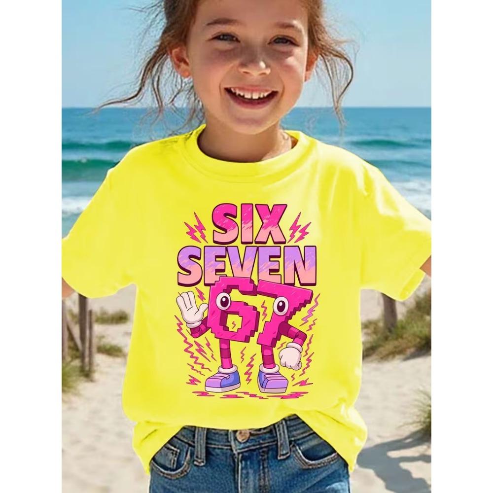 Summer Fashion Girls' Short Sleeved Children T-shirt Number Six Seven Pink Color TV Cartoon Pattern Printed Casual Versatile Top