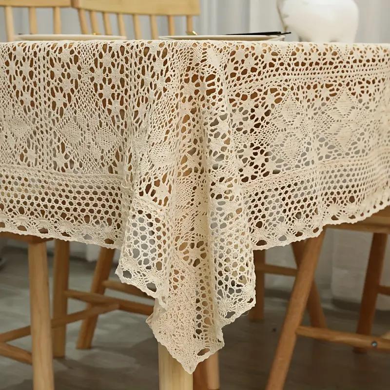 Vintage Crochet Tabletop Set Pastoral Style Lace Tablecloth With Fourleaf Flowers, Suitable For Long Tables And Family Gathering