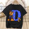 Paw Patrol Chase T-shirt for Children Cartoon Letter A-Z Tee Top Kawaii Round Collar Clothes Fashion Kids Black Clothing Gift
