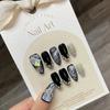 100%HANDMADE Almond Nail Art Artificial Nail Dark Sfumato Black Babes Hand-Painted Diamond Gems Phototherapy Short Droplet Shape Nails Reusable