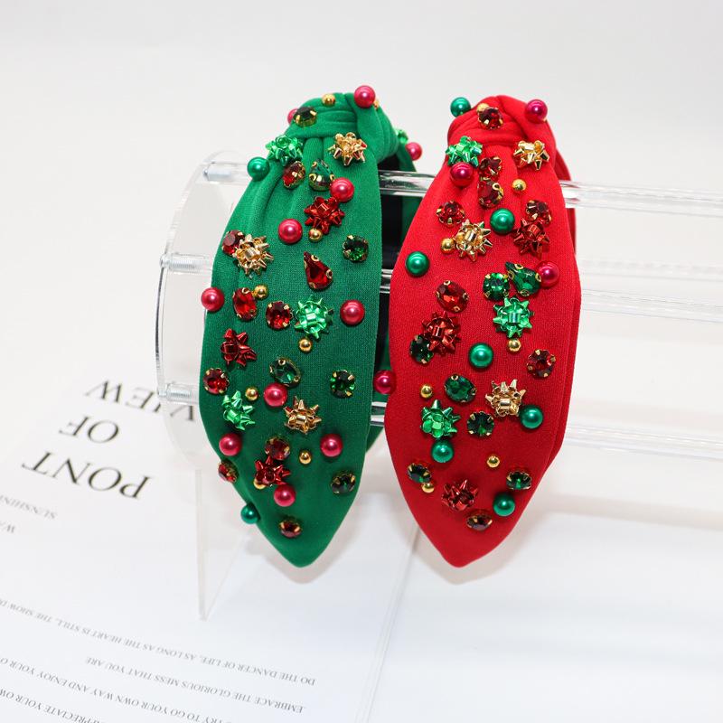 Bandeau de Noël Européen Américain avec Strass, Perles et Fleurs Métalliques 3D - Accessoire de Cheveux Festif pour Femmes