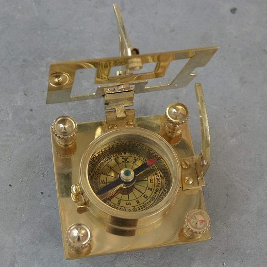 Compass with Sundial, Steampunk Shiny Brass Compass with Sundial, Clock