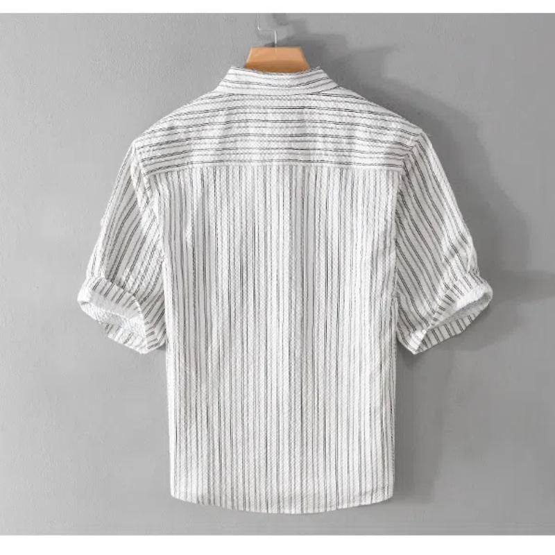 Summer Tops for Men Japan Retro Style Stripes Man Shirts Pocket Half Sleeve Butto Bubble Casual Shirt