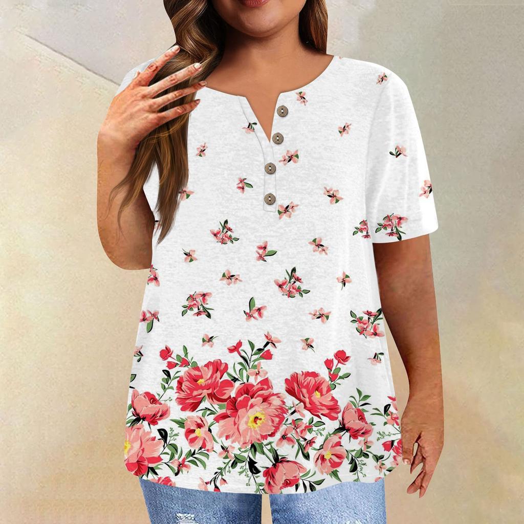 Women's Short Sleeve Shirt Button Plus Size T-Shirt Flower Printed Casual Tops