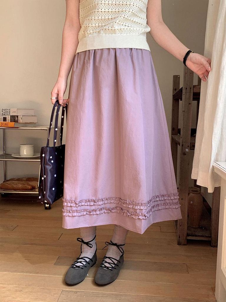 Thirteen Rows Spring Korean Style Versatile Elastic Waist Casual A-line Skirt for Women