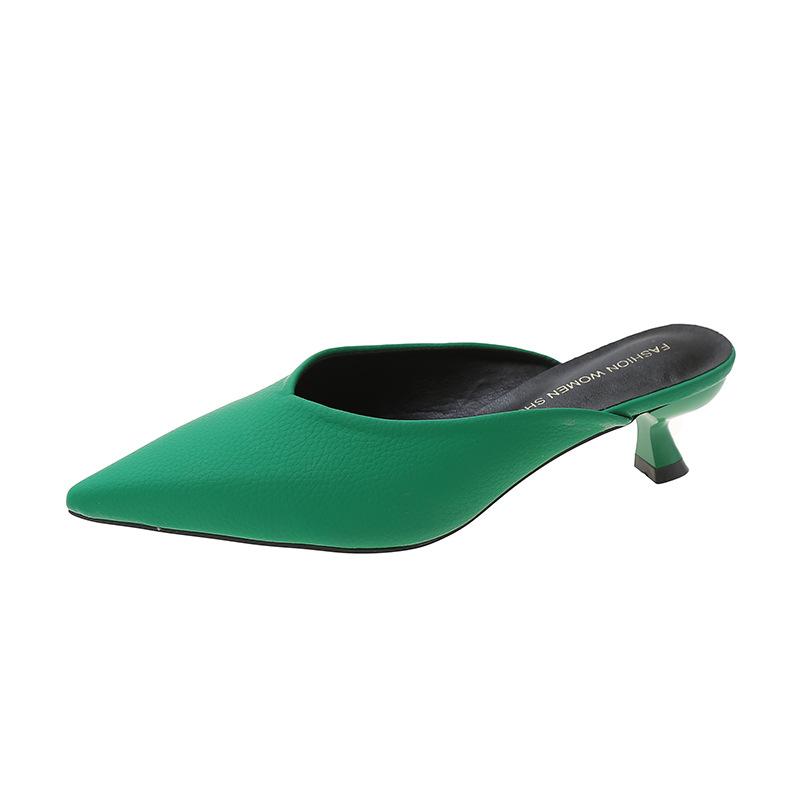 2025 spring and summer new Korean version of simple pointed Müller shoes fashion bag head thin heel medium heel half slippers casual sandals
