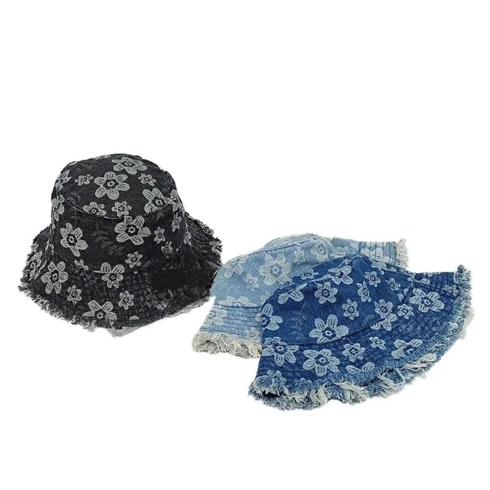 Flower Embroidered Denim Fisherman Hat Frayed Brim Sunscreen Sun Cap Cowboy Bucket Hats  Travel