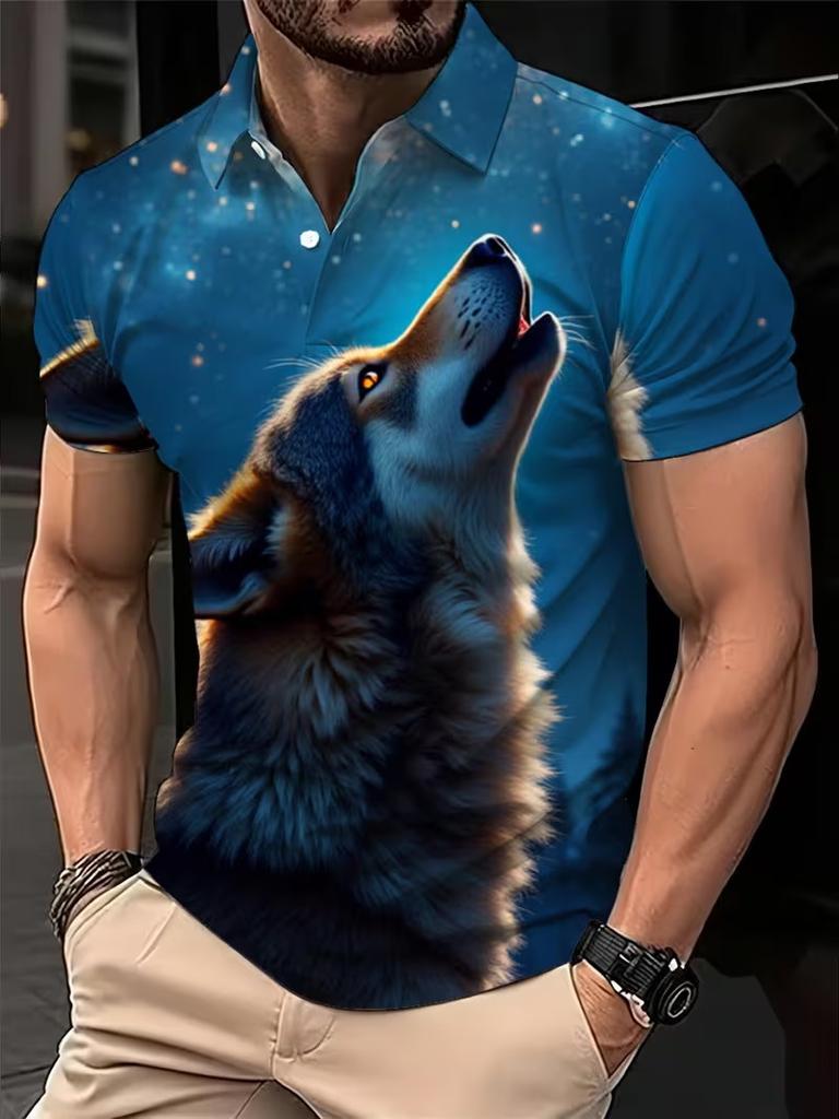 Men's 3D Wolf Print Polo Shirt Black Green Short Sleeve Lapel Neck Casual Polo Shirts Streetwear Breathable Sport Tees For Men