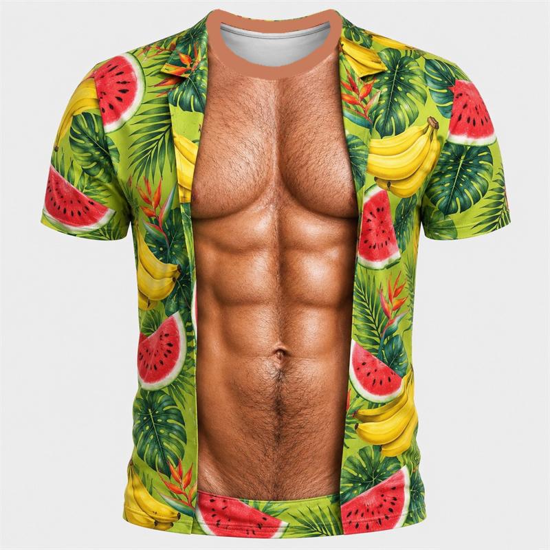 Divertente T-shirt 3D a Maniche Corte con Addominali e Peli sul Petto, Estate Spiaggia Vacanza Novità Festa Famiglia Outfit Genitore-Figlio