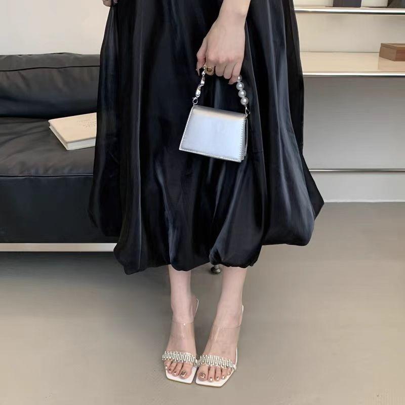 Fashion Small Square Heel High Heels Women's Outer Square Toe Rhinestone Strap Clear Open Toe Pop-over Non-Slip Slippers