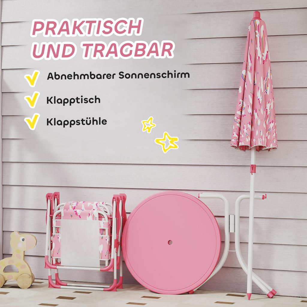 Kids Patio Table and Chair Set, Kids Garden Furniture with Umbrella, 4-Piece Bistro Set for Garden, Pink
