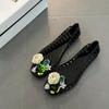 Diamond Sequins Flower Decorations Black Transparent Shoes for Women Summer Korean Style Hollowed Out Beach Flat Shoes