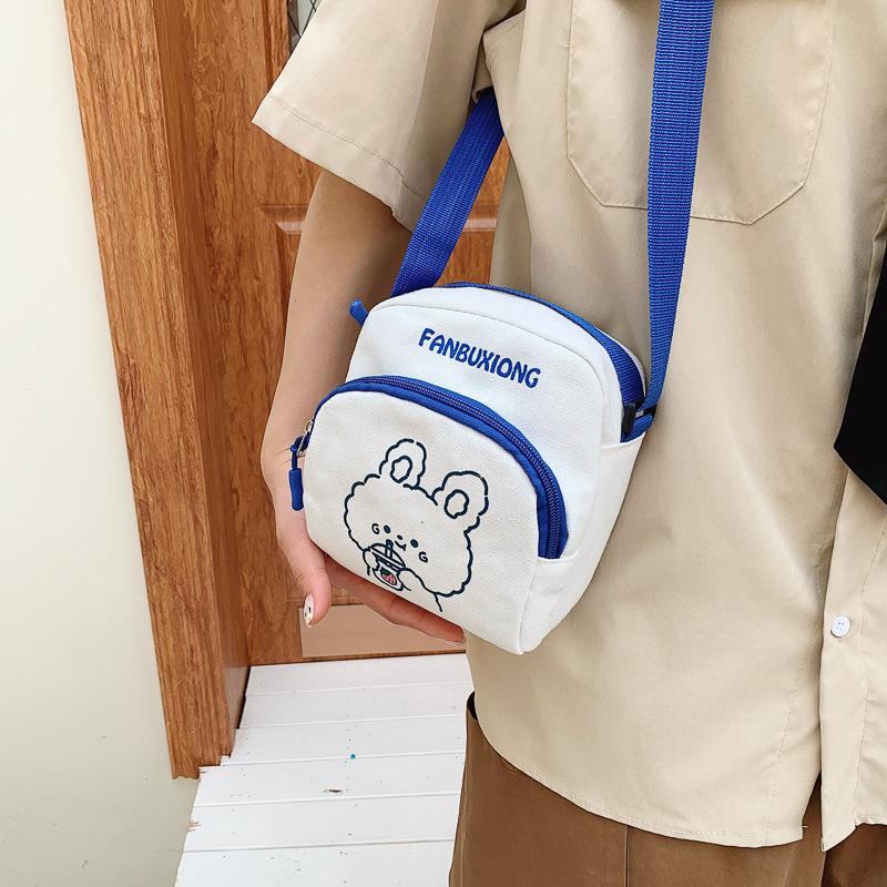 Cute Cartoon Canvas Crossbody Bag for Women, Kawaii Bear and Rabbit Print Mini Square Shoulder Purse, Zipper Closure Single Strap Daily Handbag