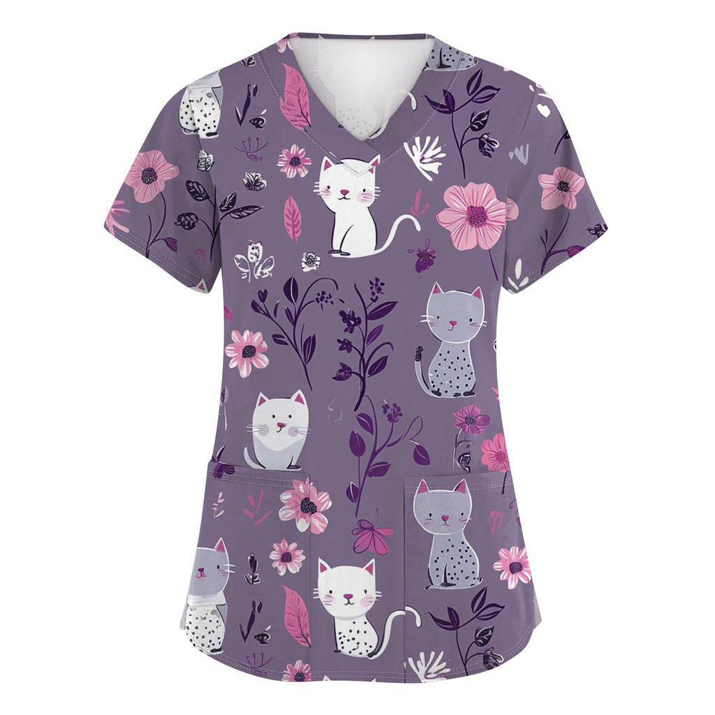 Women's Fashion Printed Short Sleeve V-Neck Top Small Pocket Work T-Shirt