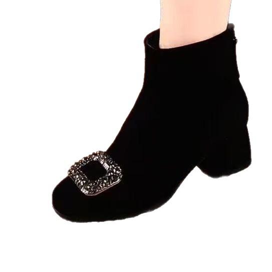 

Новая женская обувь на толстом каблуке, короткие ботинки, эластичные ботинки и квадратный каблук 40 чёрный