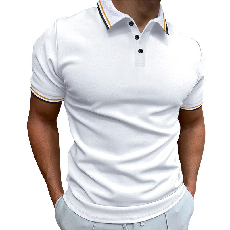 New Men's Slim POLO Shirt Ribbed Striped Lapel Buttons Solid Colour Splicing T-shirt Tops