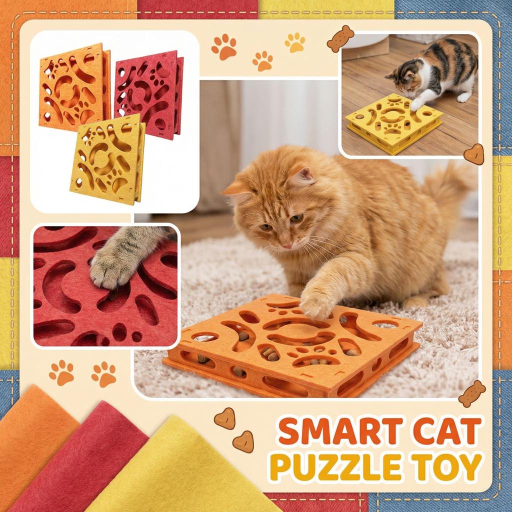 Interactive Cat Food Puzzle Toy Durable Felt Material Pet Treat Dispenser for Mental Stimulation and Slow Feeding Activity Board