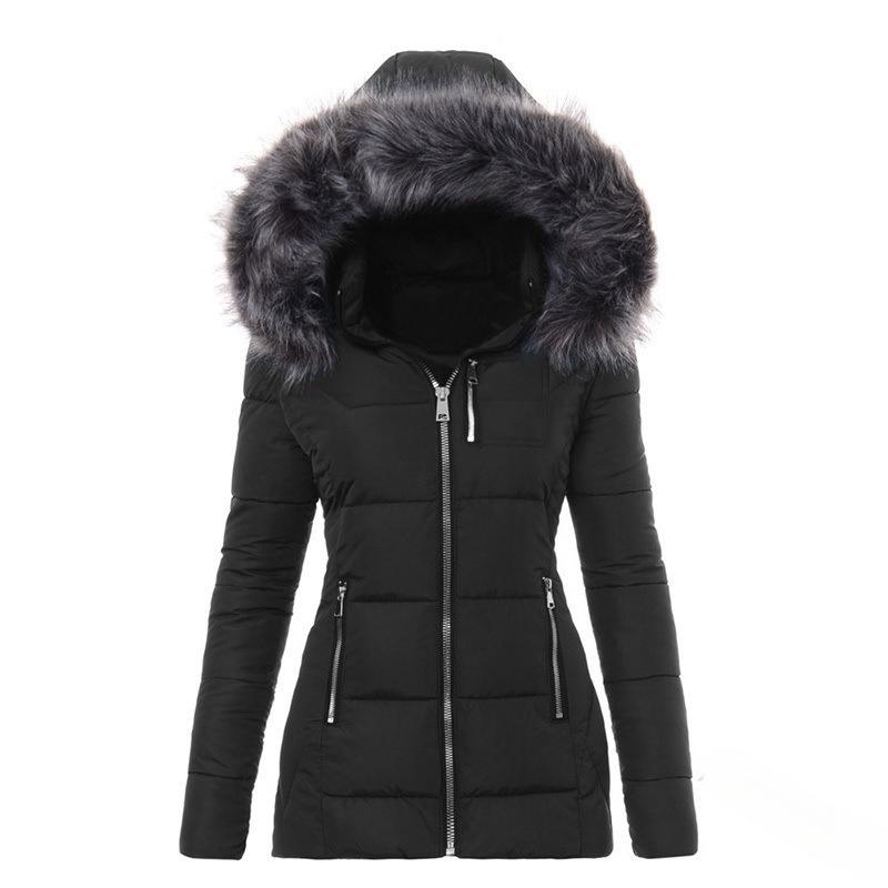Automne et Hiver Col en Fourrure Décoration Zippée Manteau en Coton Slim pour Femmes Manteau Épais pour Femmes