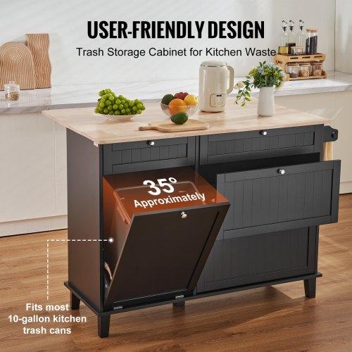 VEVOR Kitchen Island Cart, 50" Wood Top Breakfast Bar with Trash Cabinet Tilt Out 10 Gallon Storage