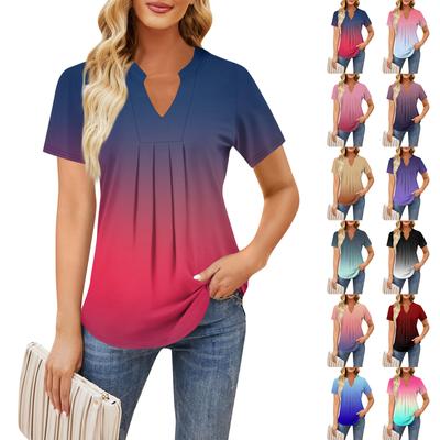 Camiseta feminina casual de manga curta com decote em V e pregas no peito, estampada e solta