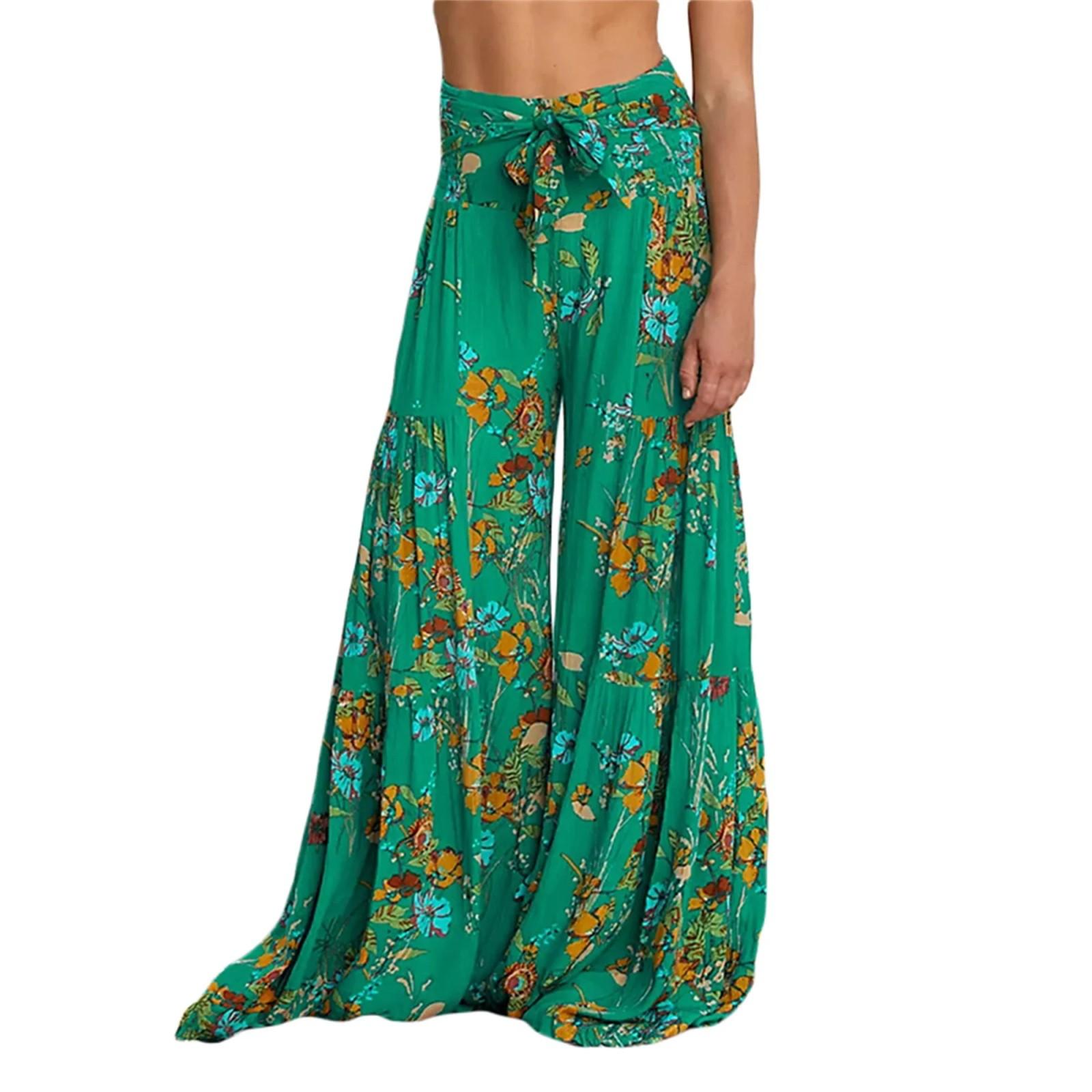 

Широкие брюки для женщин, высокая талия, цветочный принт, брюки-палаццо с поясом, свободные струящиеся брюки, пляжные брюки в стиле хиппи M зелёный