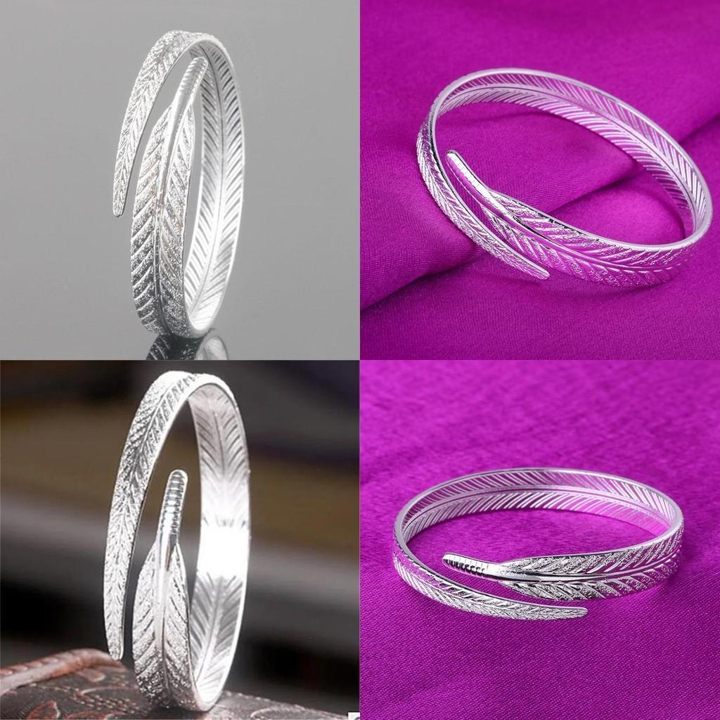 Women Bracelets Sterling Silver Feather Jewelry Accessories Girl Kids Gifts