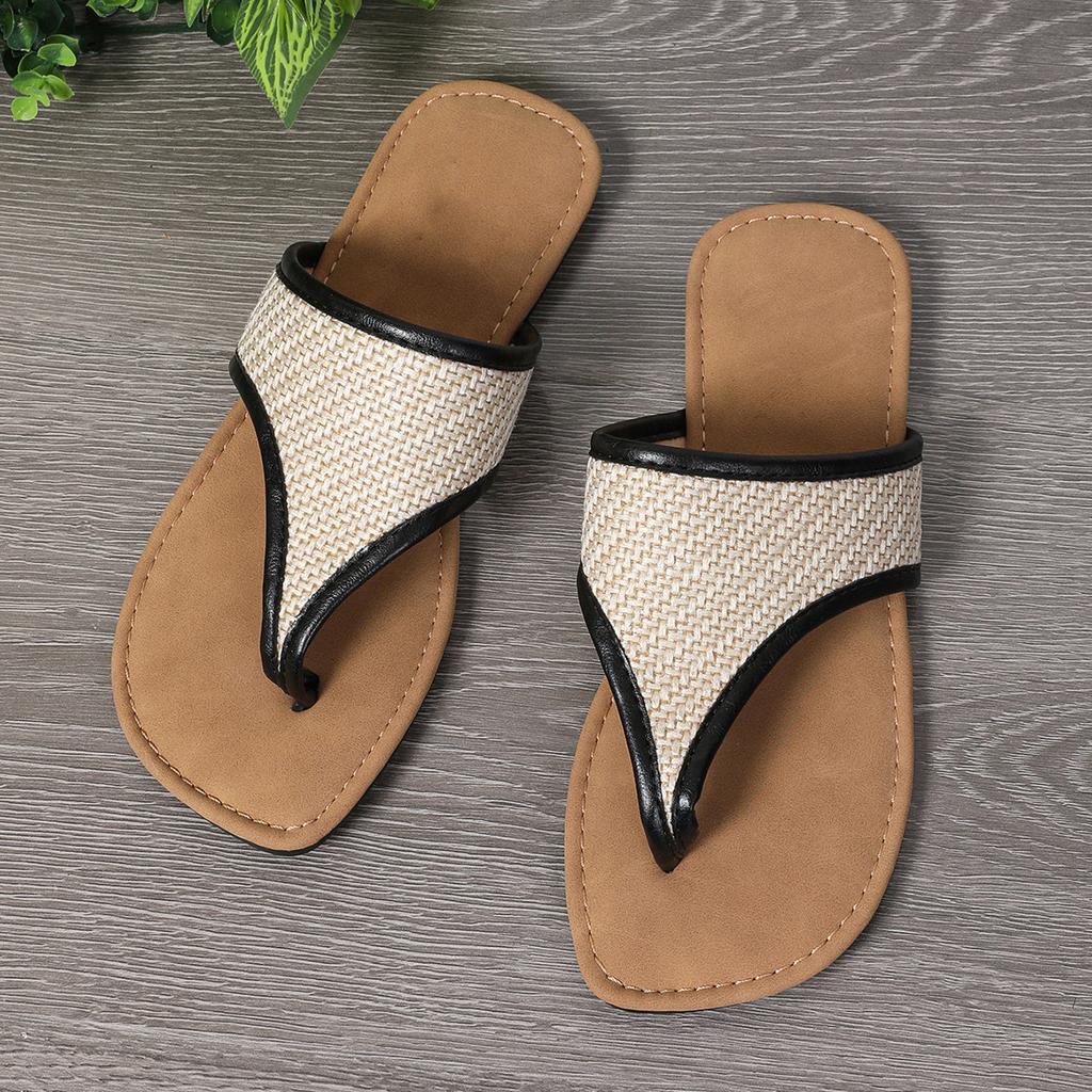 Korean version 2025 summer new pinch foot cool slippers flat-bottomed canvas niche retro versatile toe flip-flops shoes women