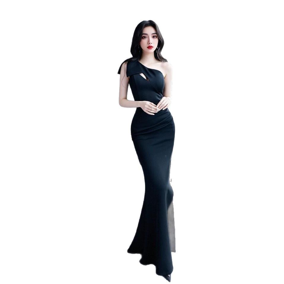 Temperament Single Shoulder Fishtail Dress Women's Waist and Thin Long Bow Design Banquet Evening Dress Celebrity Long Dress