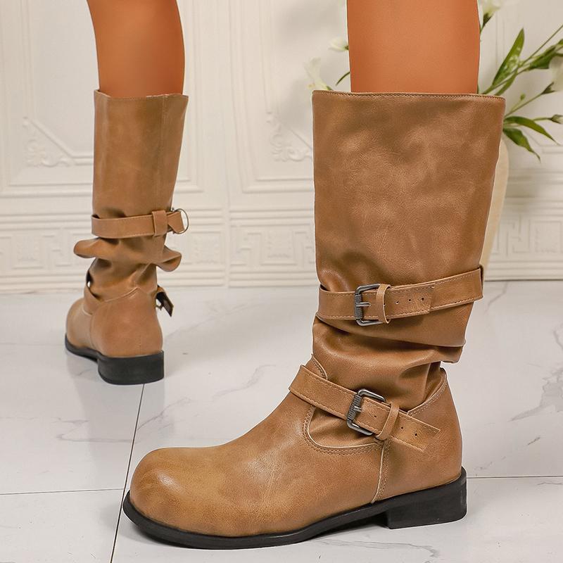 Vintage Buckle Decro Pu Leather Riding Boots Women Slip On Middle Heel Mid Calf Boots Woman Round Toe Autumn Winter Botas