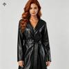 Womens Slim Fit PU Leather Trench Coat Longline Blazer Style Outerwear Black
