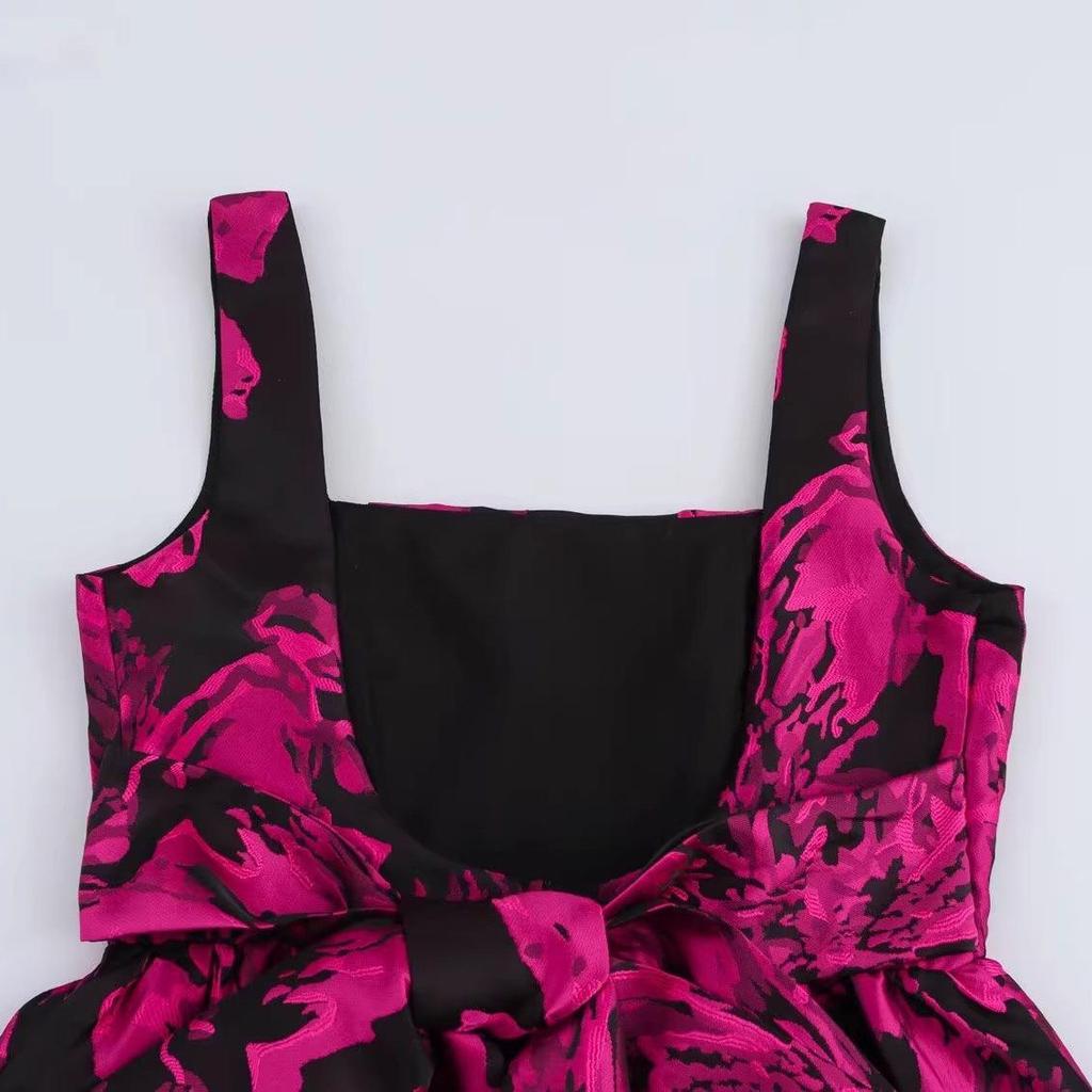 2025 Spring Women's European-American Style Jacquard Backless Tie-Up Slip Dress