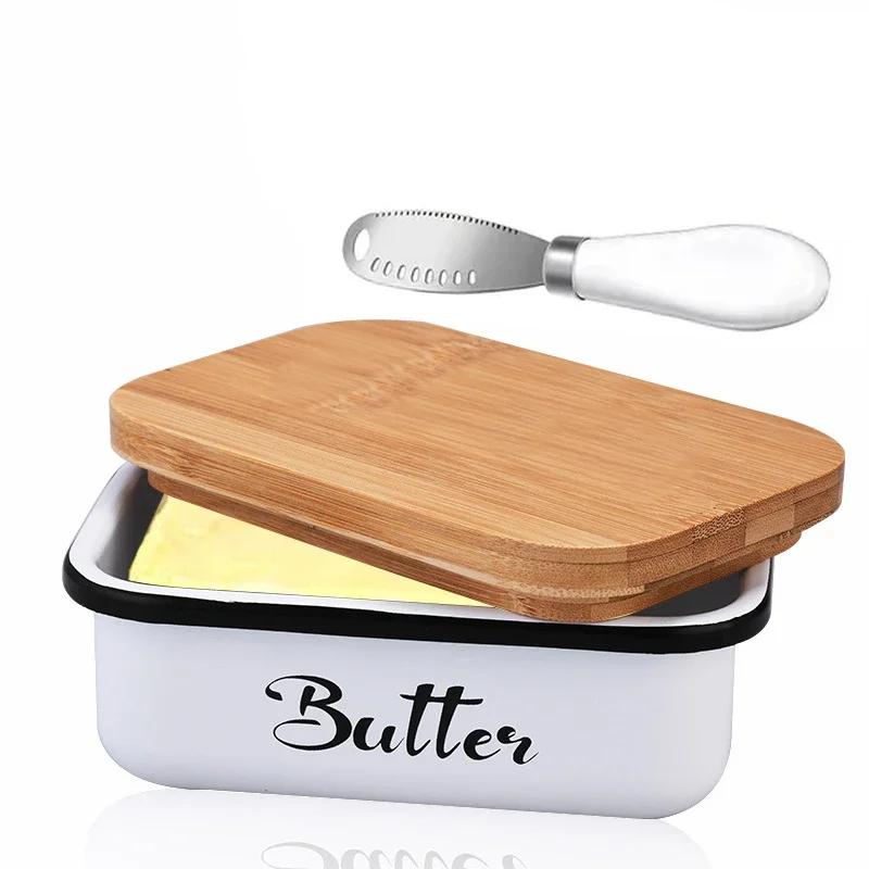 Rectangular Butter Dish with Bamboo Lid Butter Seal Storage Container Box Cheese Box with Knife Butter Slicer Fresh-keeping box