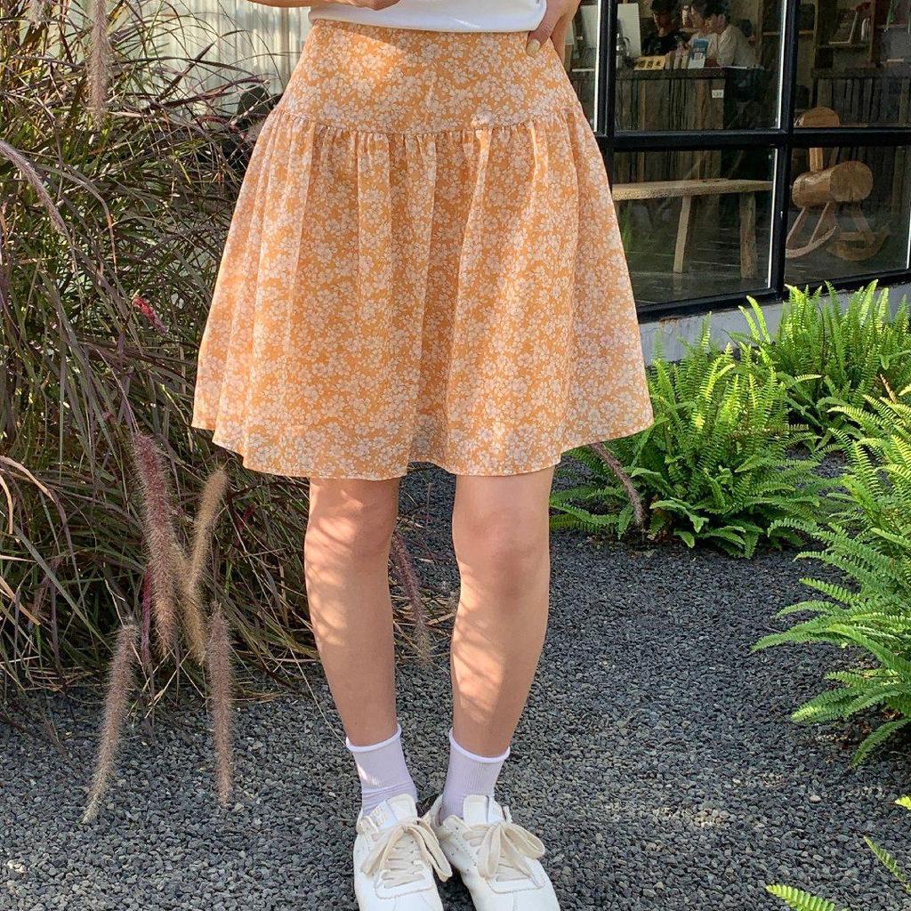 2026 Spring Floral Print Lemon Green Tea High Waist Mesh Skirt - Women's Versatile Slimming Short Skirt