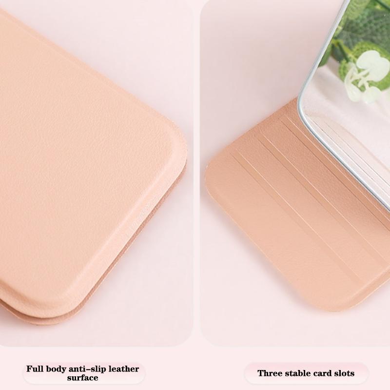 Desktop Makeup Mirror Solid Color Pu Leather Simple Portable Handheld Makeup Mirror Foldable Student Compact Cute Pocket Mirror