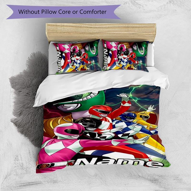 Ensemble de literie 3 pièces Nom personnalisé Dessin animé Mighty Morphin Power Rangers Housse de couette Fermeture Comprend 1 housse de couette et 2 taies d'oreiller Pour toutes les saisons Chambre D