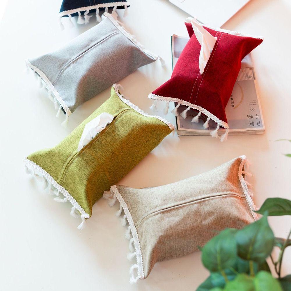 Fabric Tissue Box Solid Color Napkin Holder Tissue Dispenser Paper Towel Stoarge Bag Household/Hotels Tissue Box With Tassels