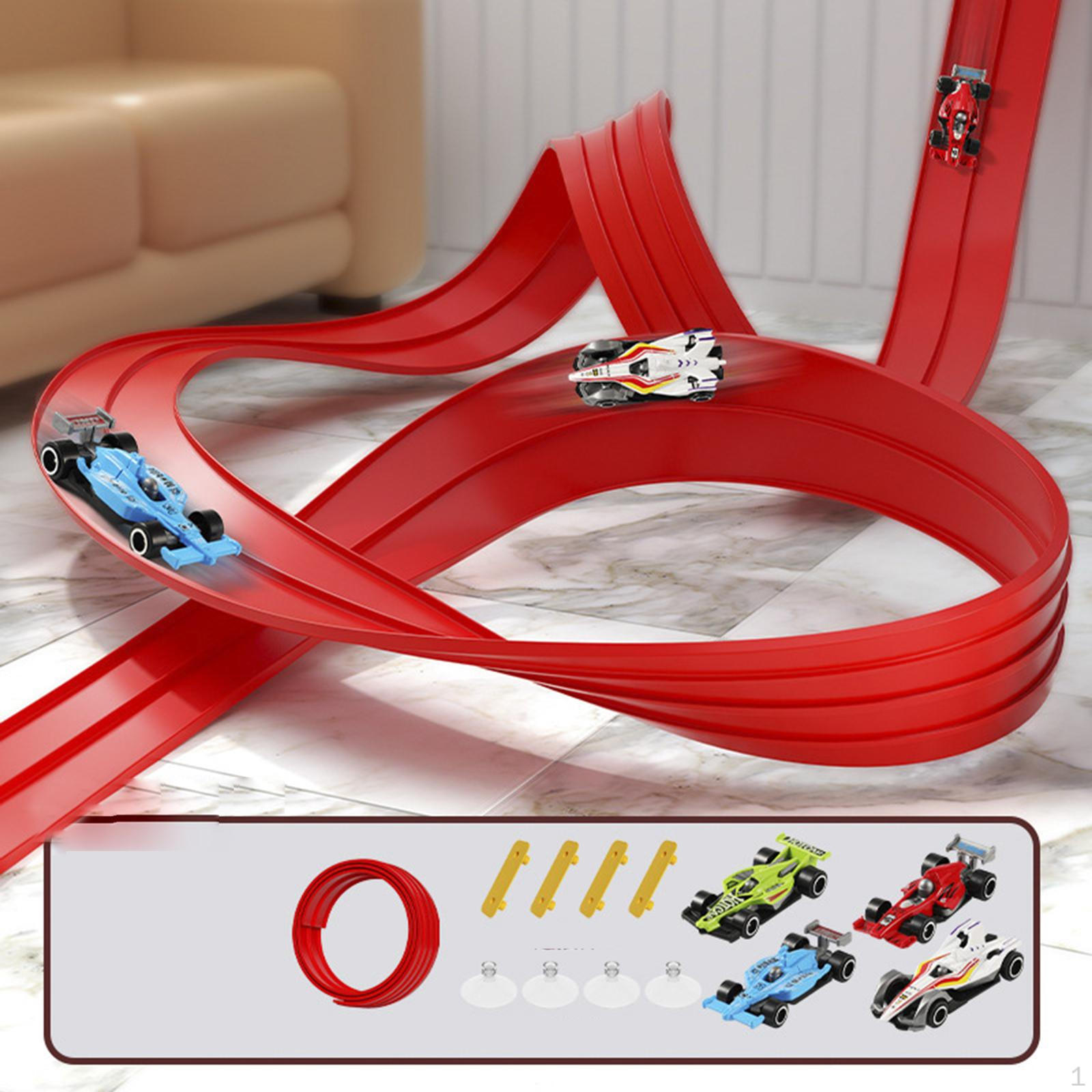 

3,9 м Гибкий трек с 4 мини литыми машинками Детские игрушки Портативный DIY Креативный для возраста 3+ Присоска