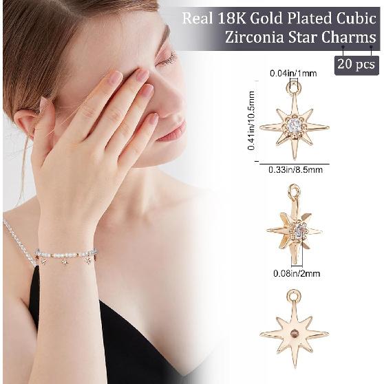 Beebeecraft 1 Box 20Pcs North Star Charms 18K Gold Plated Star Pave Cubic Zirconia Pendant Charms Small Jewelry Making Findings 10.5x8.5mm for DIY