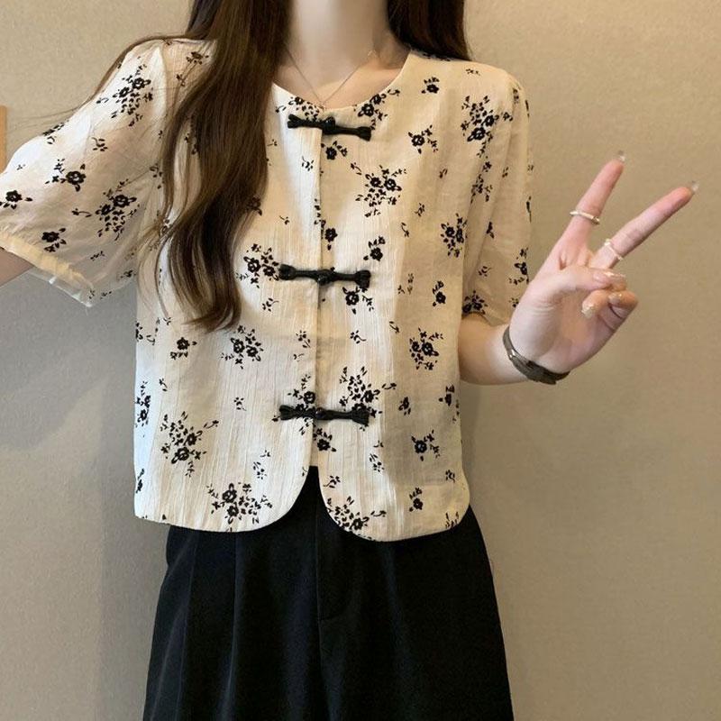 New Chinese Style Floral Short-sleeved Shirt for Women in Summer Slit Short Chiffon Top