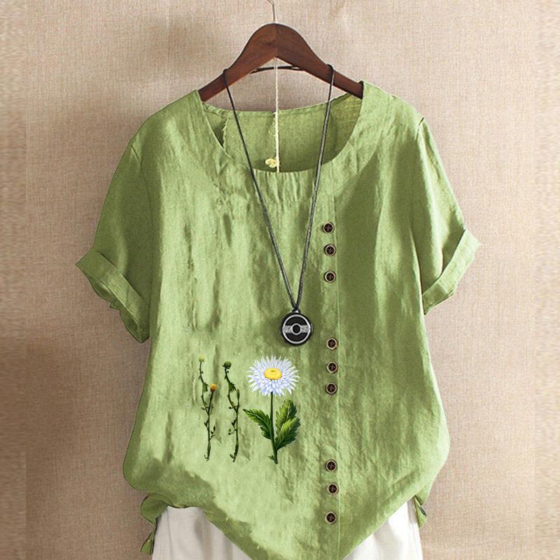 

Женская модная футболка с круглым вырезом и коротким рукавом, повседневная рубашка из хлопка и льна с рисунком, свободная летняя блузка с принтом хризантем 5XL зелёный