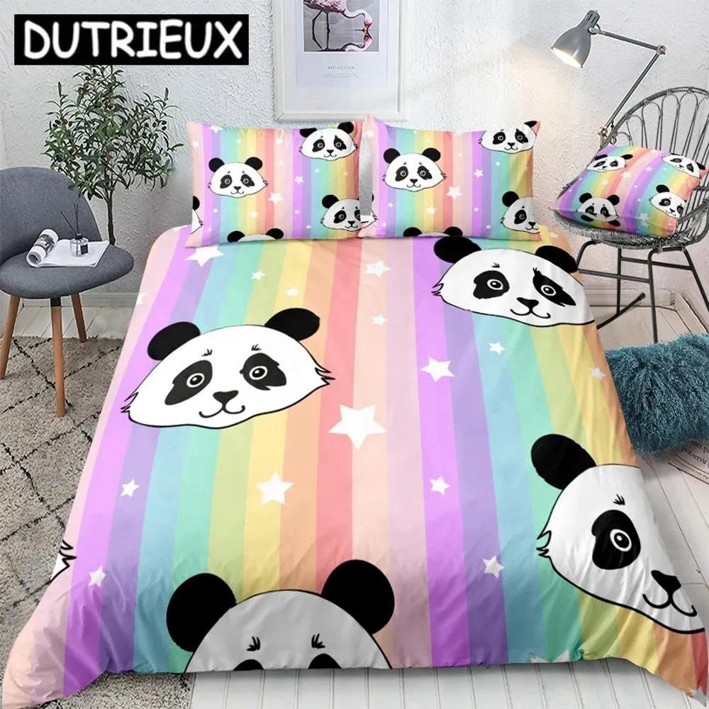 Panda Duvet Cover Set Rainbow Stripes Bedding Kids Boys Girls Cartoon Animal Quilt Cover Queen Home Textiles Stars Dropship