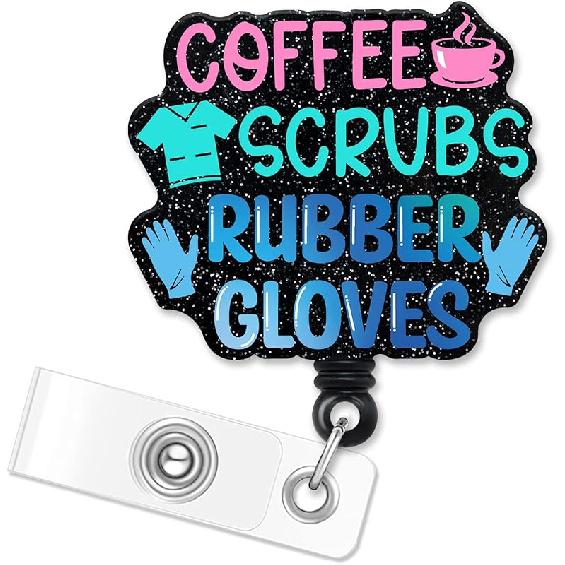 ERHACHAIJIA Coffee Scrubs Rubber Gloves Funny Retractable Badge Reel Gift for Nurse Doctor Medical Assistant Nursing Student (Black)