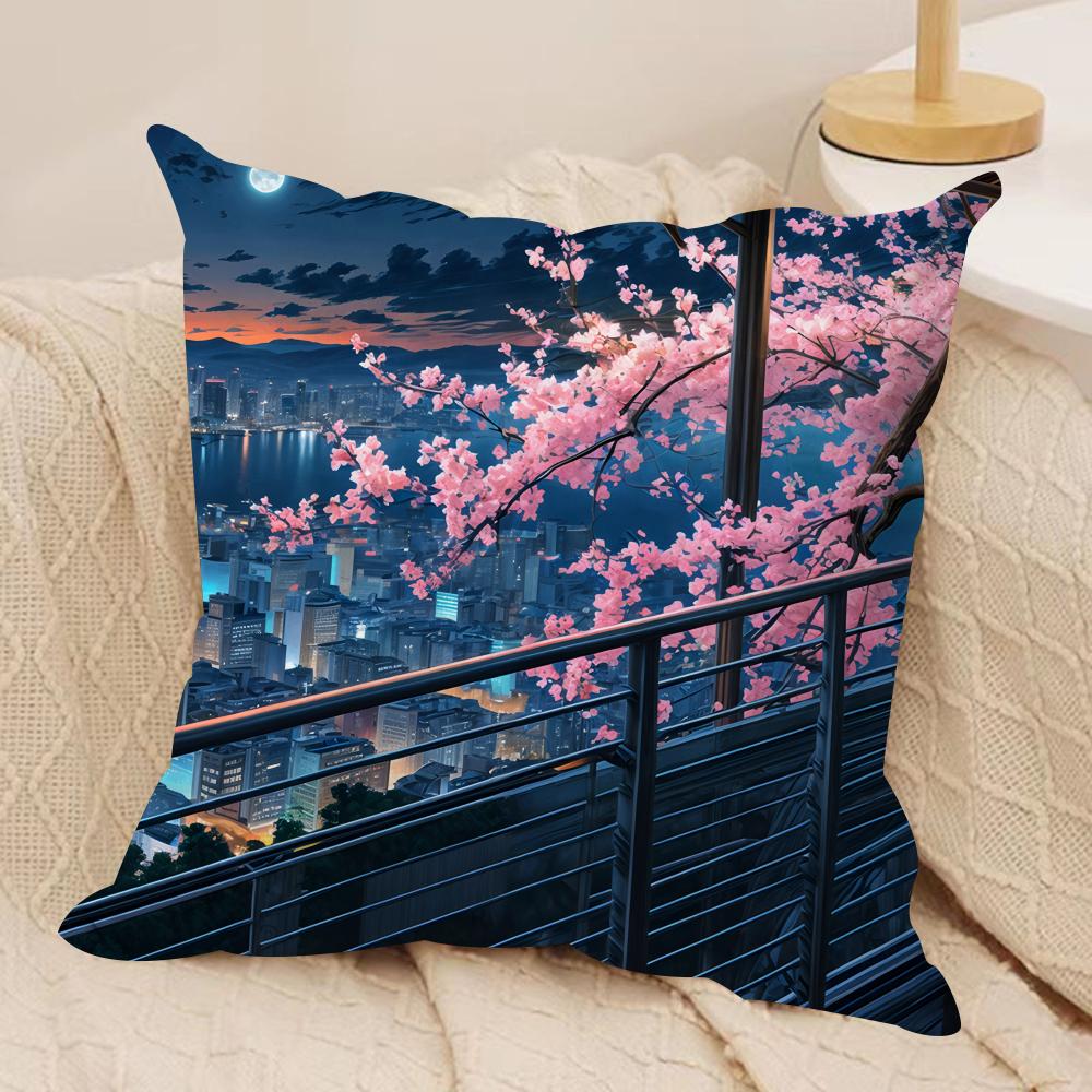 Anime Scenery Design Cushion Cover Silky Short Plush Invisible Zipper Dustproof Sofa Pillow Case for Home Decor