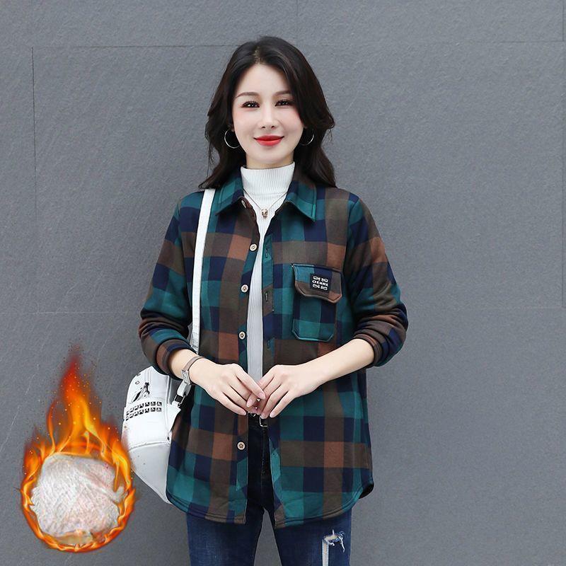 Plaid Print Long Sleeve Thermal Shirt - Soft Polyester Fabric, Lapel Collar, Flap Pockets, Machine Washable, Casual Style for Women