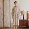 Tianzhu Fiber Double-layer Gauze Women's New Chinese Retro Style Diagonal Skirt Peach Bamboo Printing Long-sleeved Home Nightdress